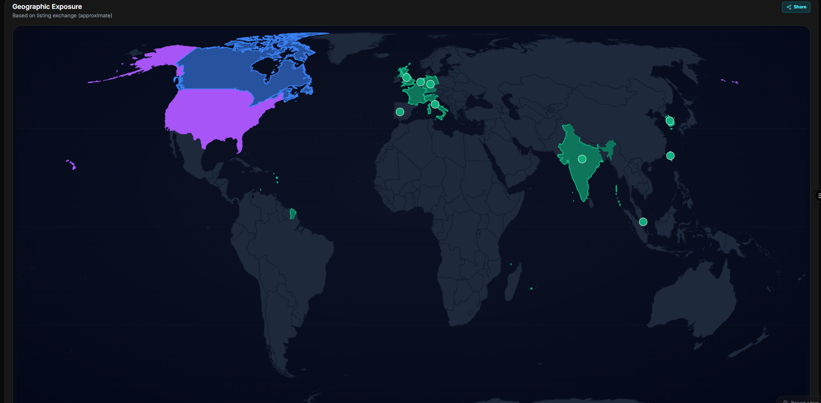 WealthWise geographic exposure world map highlighting North America, Europe and Asia-Pacific